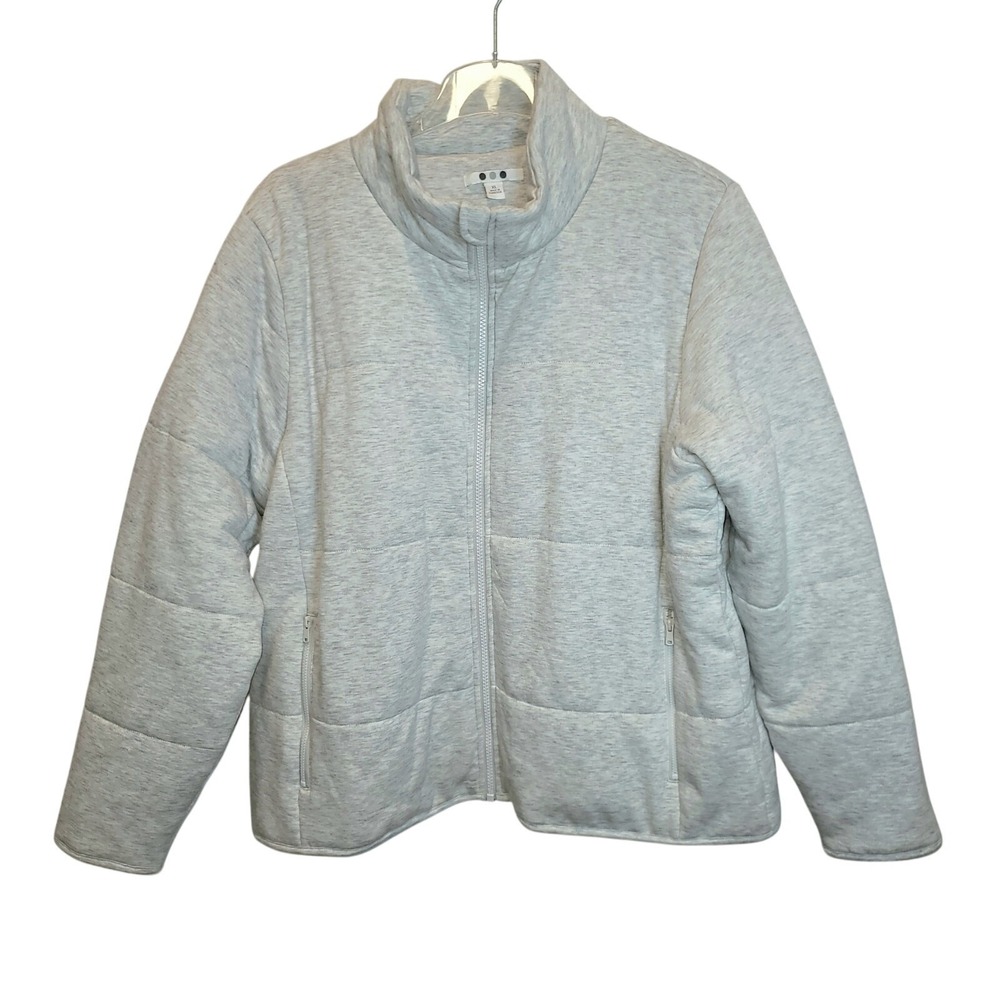 Three Dots Knit Puffer Jacket Full Zip Womens Sz XL Oatmeal‎ Cream Zip Pockets - Picture 2 of 15